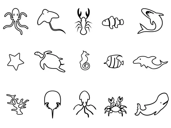 Black sea life linear icon set — Stock Vector