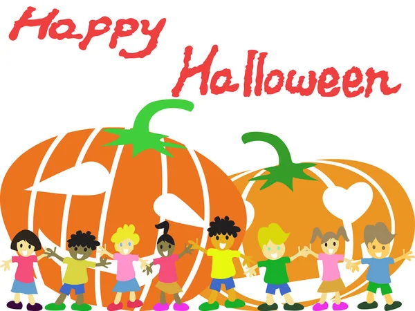 Niños felices y calabazas tarjeta de Halloween — Vector de stock