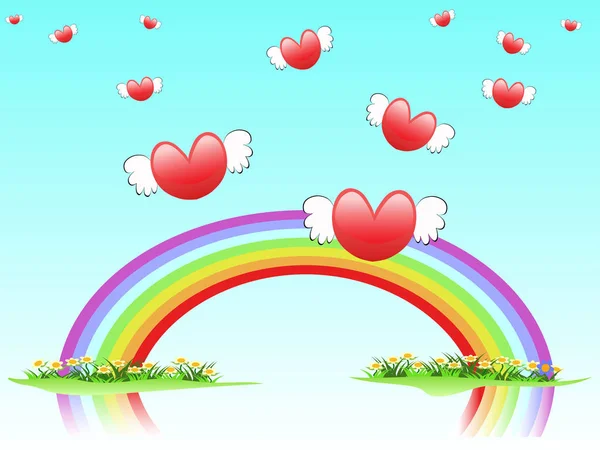 Létající srdce na rainbow — Stockový vektor