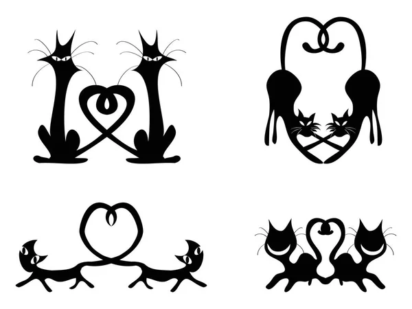 Black love heart cat couples set ,vector — Stock Vector