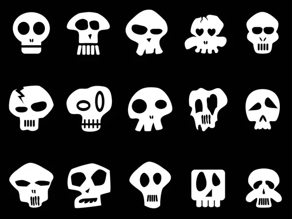 Bianco divertente cranio icone su sfondo nero — Vettoriale Stock