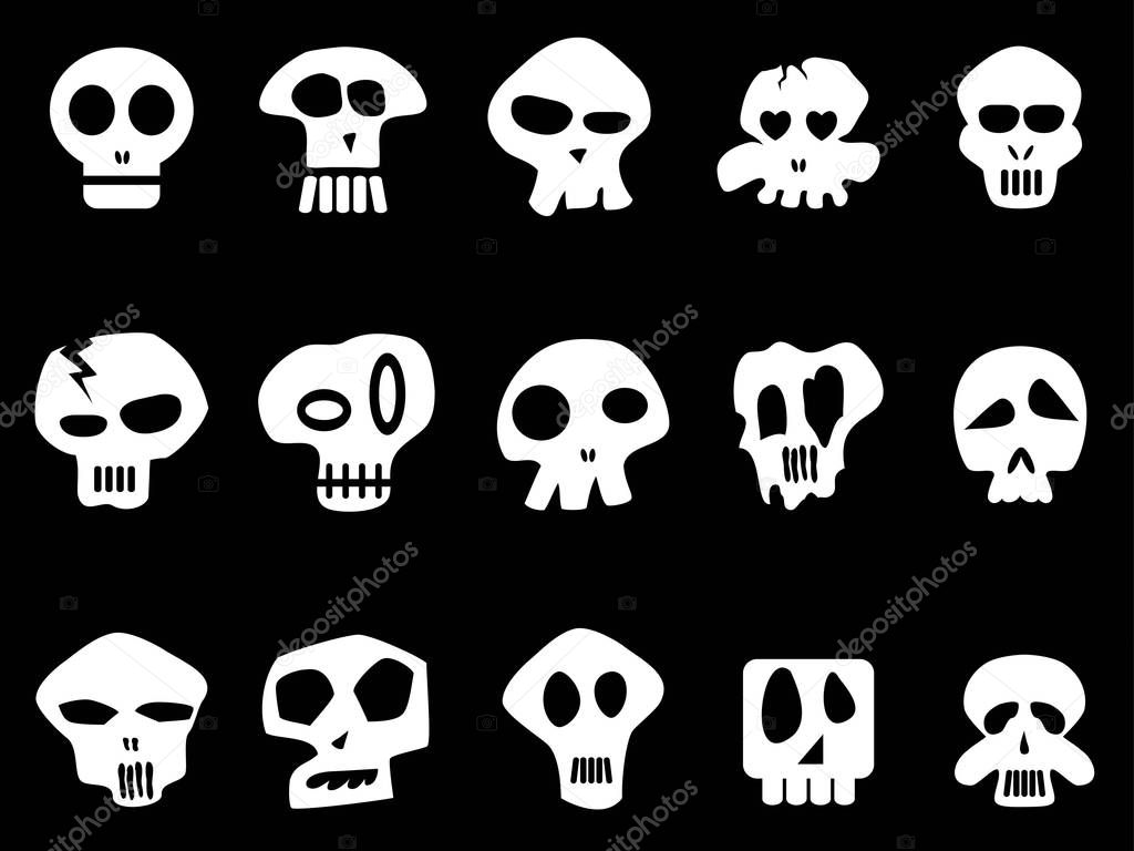 white funny skull icons on black background