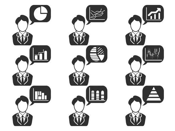 Businessman with statistics symbol in speech bubble icons set — Stock Vector