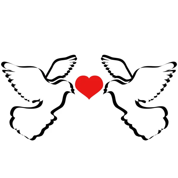 Palomas volando con corazón — Vector de stock