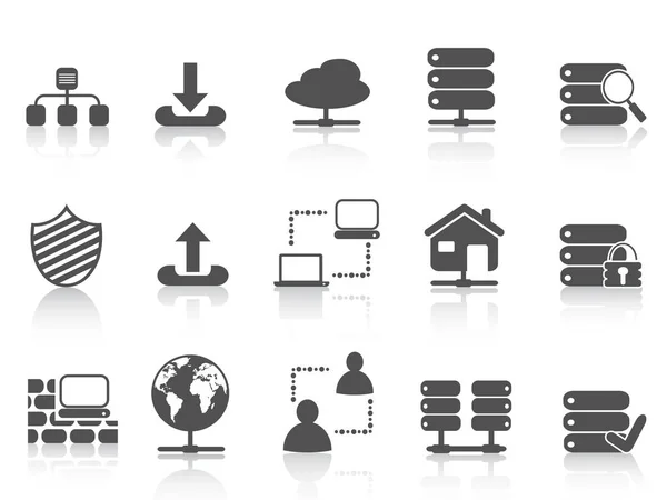 Set di icone del server di rete nero che ospita — Vettoriale Stock