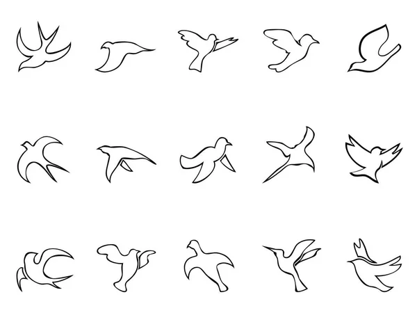 Aves simples vuelo contorno iconos conjunto — Vector de stock