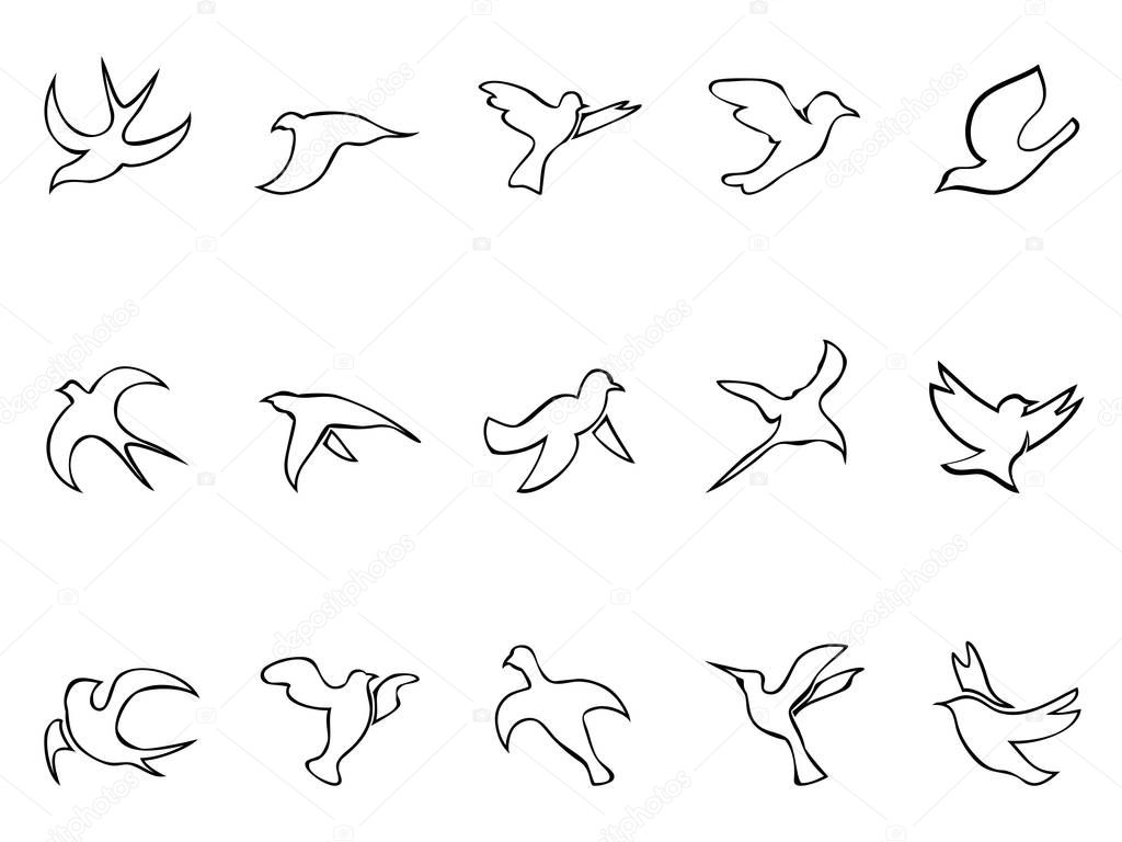 Isolated simple birds flying outline icons set from white background