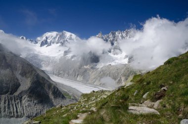 Mont Blanc tepe ve Mer de Glace buzul, French Alps