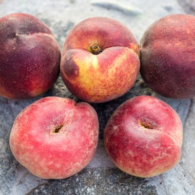 Taş bir masanın üzerinde duran bir grup taze şeftali.