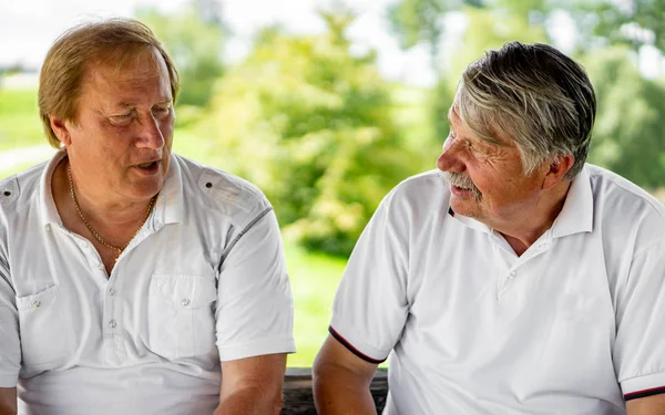 Volwassen mannen, toeristen, wandelen en socialiseren in de stad Park op een S — Stockfoto