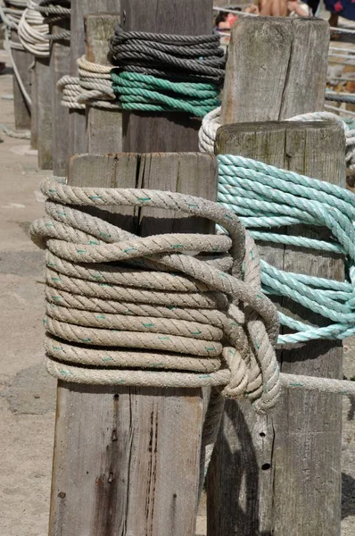 Rope tied on wooden post at dock — Stock Photo, Image