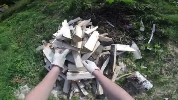 Chopping firewood first-person view — Stock Video