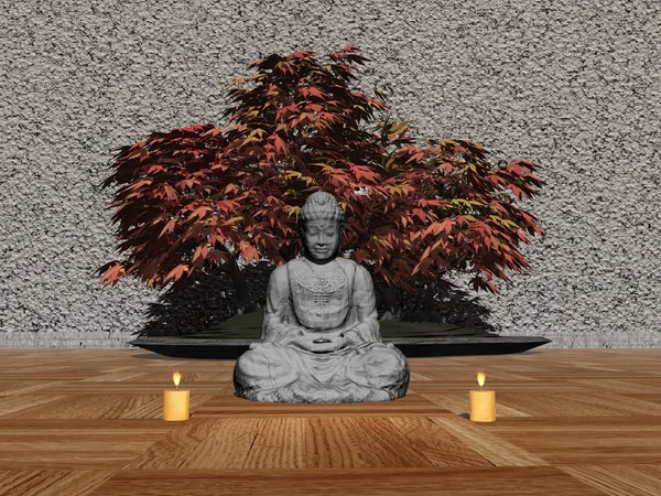 Buddha i en rum - 3d rendering — Stockfoto