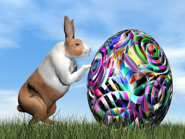 Coniglio spingendo un uovo colorato per Pasqua - rendering 3D — Foto Stock