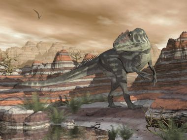 Allosaurus dinozor çöl - 3d render içinde