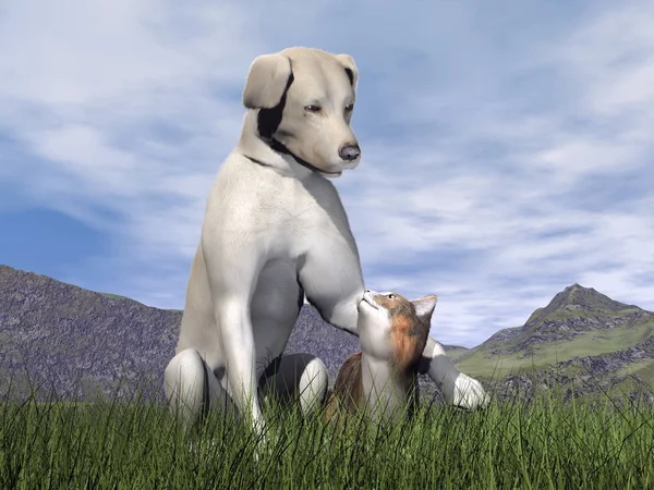 Köpek ve kedi dostluk - 3d render — Stok fotoğraf