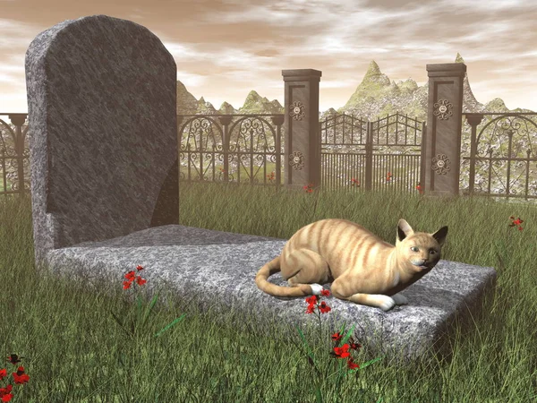 Cat on a tombstone - 3D render — Stock Photo, Image