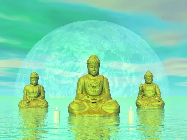 Goldene Buddhas - 3D-Darstellung — Stockfoto