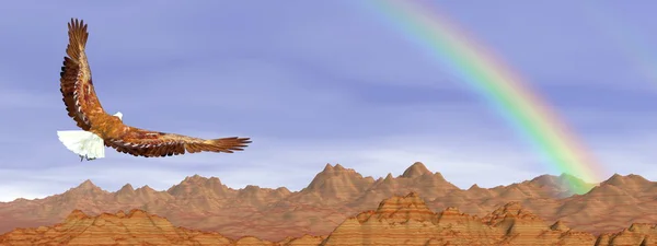 Bald eagle flying upon rocky mountains to the rainbow - 3D render — Stock Photo, Image