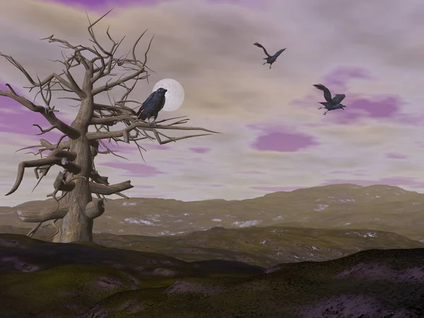 Dead tree and crows raven by night - 3D render — Stock Photo, Image