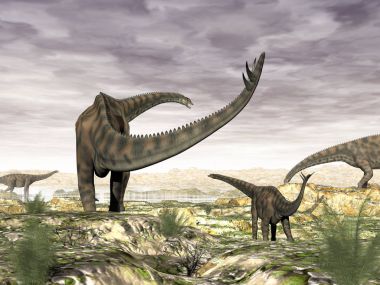 Spinophorosaurus dinosaurs herd - 3D render clipart