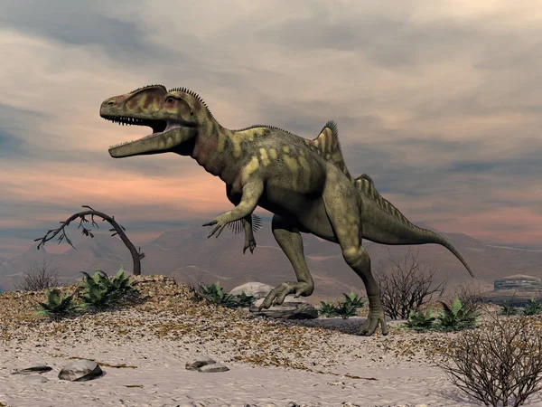 Concavenator dinozaur de mers pe jos în deșert - 3D randare — Fotografie, imagine de stoc