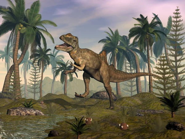 Dinosaurio Concavador rugiendo en el desierto - 3D render — Foto de Stock