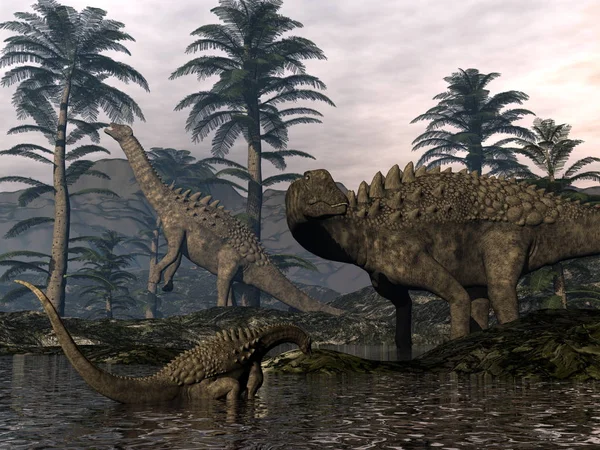 Ampelosaurus dinosaurs family - 3D render — Stock Photo, Image