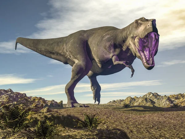 Tyrannosaurus rex raoring no deserto renderizar 3D — Fotografia de Stock