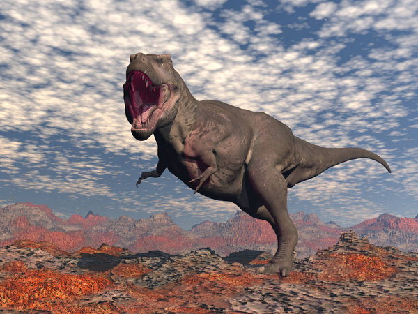 Tyrannosaurus rex roaring in the red desert - 3D render