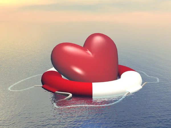 Aşk kavramını kaydet - Okyanusta bir şamandırada yüzen kırmızı kalp şekli - 3D render — Stok fotoğraf