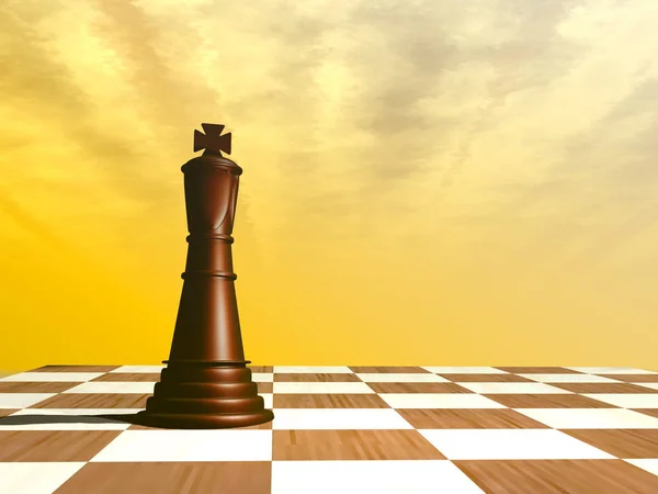 Szachy drewniany król sam na szachownicy - 3d renderowania — Zdjęcie stockowe