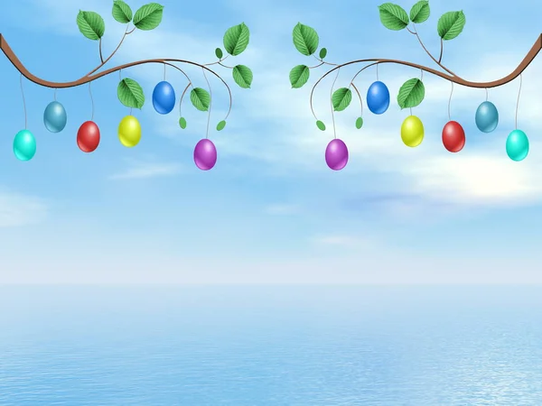 Happy Easter tree branches with colorful eggs - 3D render — Stockfoto