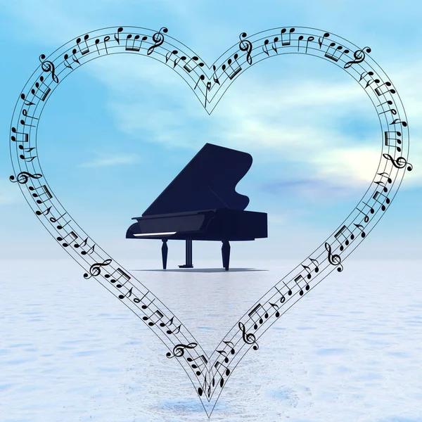Gran piano negro en un corazón lleno de notas musicales - 3D render — Foto de Stock