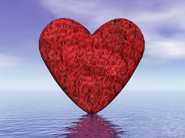 Hjärtat fullt av rosor över havet för alla hjärtans dag - 3d render — Stockfoto