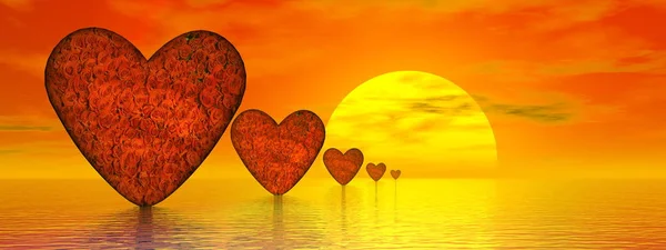 Rad av hjärta full av rosor vid solnedgången för alla hjärtans dag - 3d render — Stockfoto