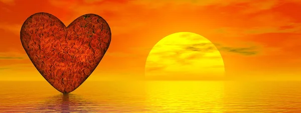 Srdce plné růží při západu slunce na Valentýna - 3d rendering — Stock fotografie