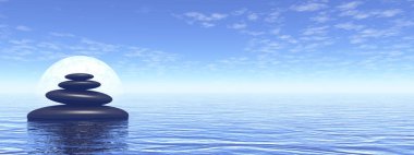 Zen taşlarının dengelenmesi okyanus üzerinde çakıl taşları - 3D rendeleme