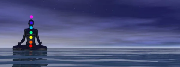 海とチャクラの色に瞑想女性- 3Dレンダリング — ストック写真