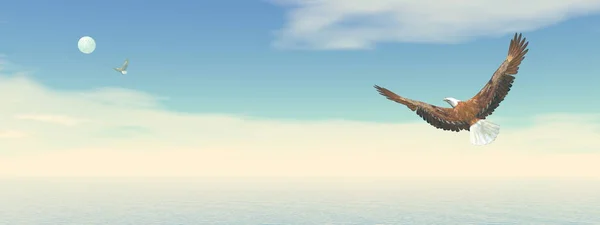Águia careca voando para a lua renderizar 3D — Fotografia de Stock
