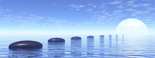 Fila de pedras sobre o oceano que leva à lua renderização 3D — Fotografia de Stock