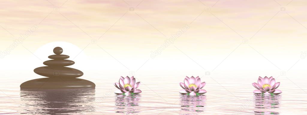 Balancing zen stones pebbles and lotus flowers upon the ocean - 3D render