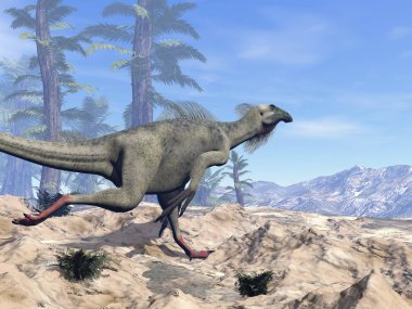 Tepede koşan Beipiaosaurus dinozoru - 3D render