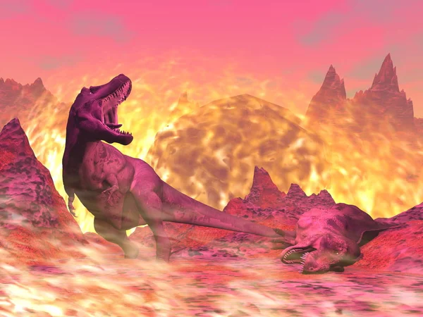Tyrannosaurus Rex dinosaur dying in the fire - 3D render — Stock Photo, Image