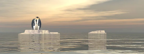 企鹅科在一个观察海洋的小冰山上- - 3D渲染 — 图库照片