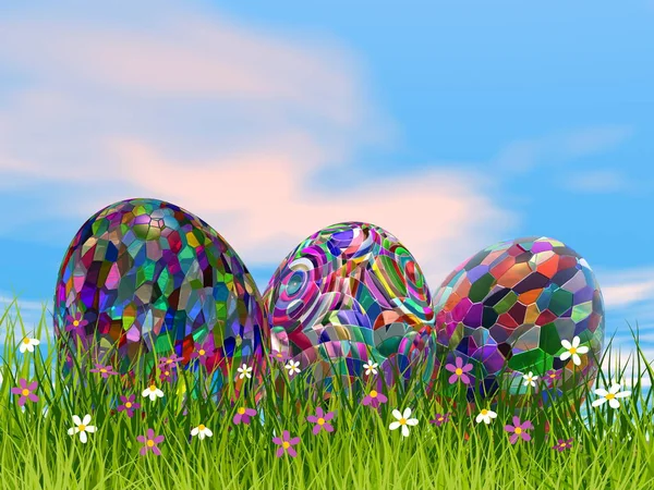 Coloridos huevos de Pascua en la naturaleza - 3D render — Foto de Stock