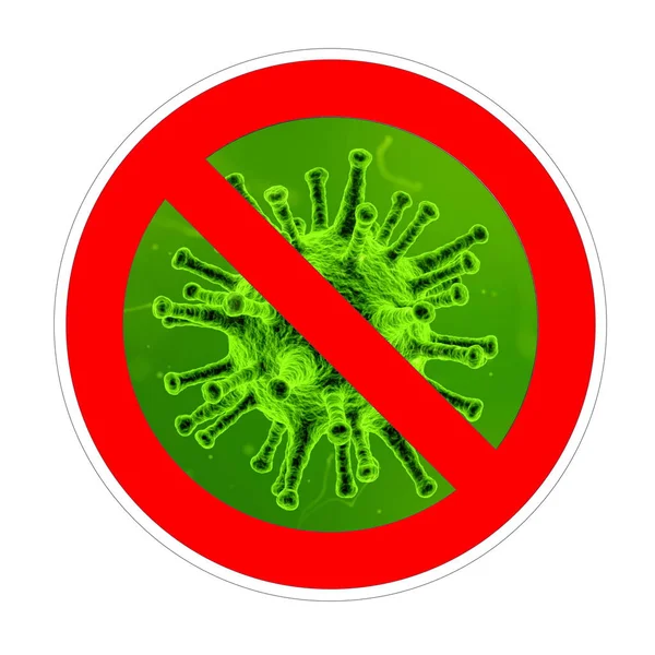 Forbidden sign with green virus particle to stop coronavirus — Stock Photo, Image