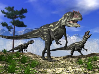 Tepede yürüyen Allosaurus dinozorları - 3 boyutlu görüntüleme