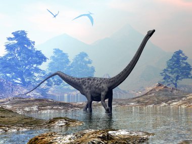 Diplodocus dinozoru suda huzur içinde yürüyor - 3 boyutlu görüntüleme