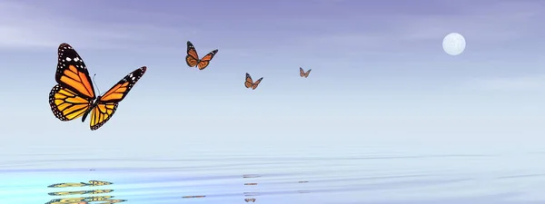 Vlinders vliegen naar de maan - 3D render Stockfoto